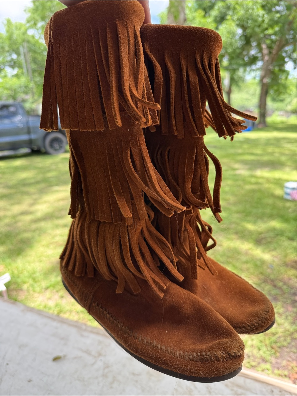 Minnetonka Brown Suede Triple Fringe Moccasin Boots